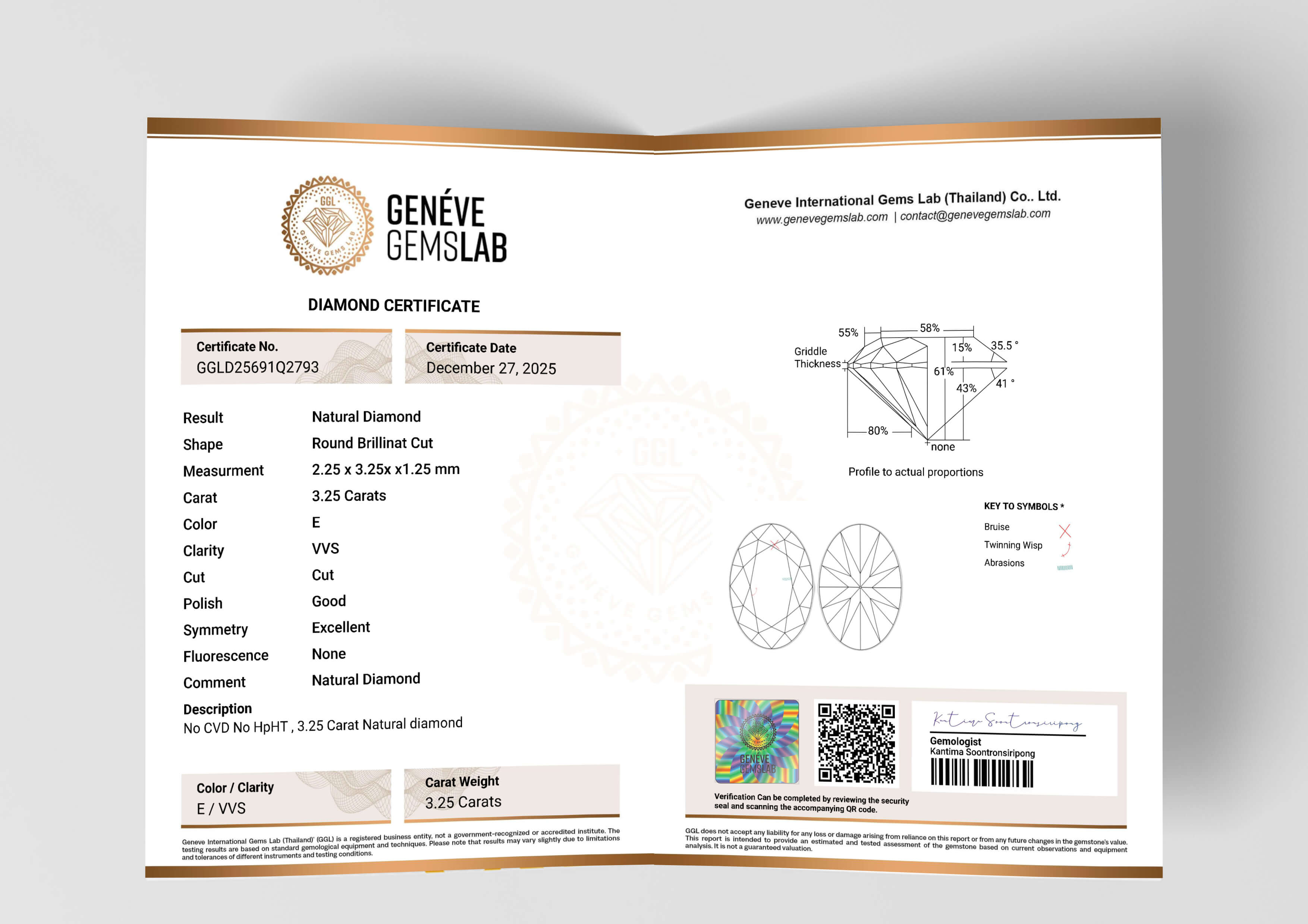 Geneve Gem Testing Daimond Certificate